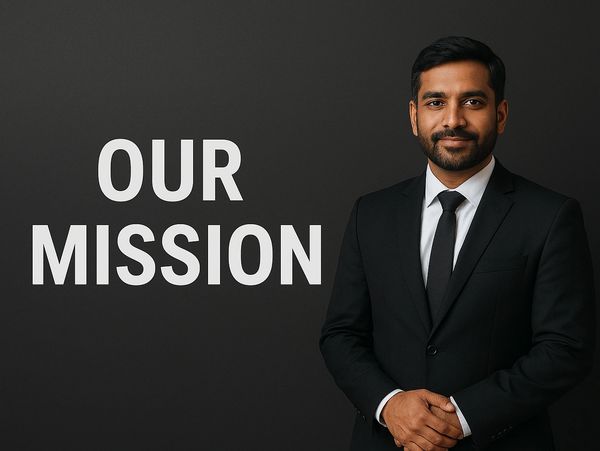 Confident businessman standing beside text saying 'Our Mission' on a dark background.