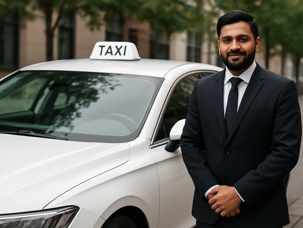 Confident taxi driver in a black suit standing beside a white taxi on a city street.