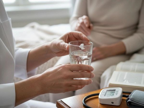 A healthcare professional offers pills and water to a patient, with a blood pressure monitor nearby.