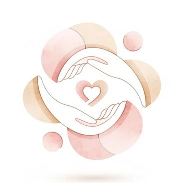Two hands forming a heart shape with soft pink and beige circles around.