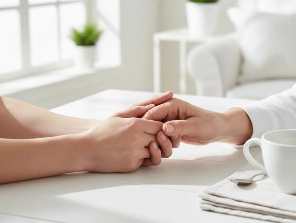 Two people holding hands warmly across a white table in a cozy room.