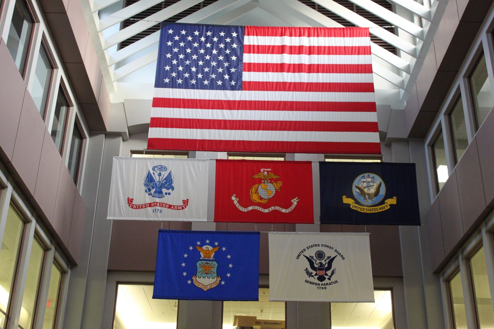 Federal facility atrium with American flag