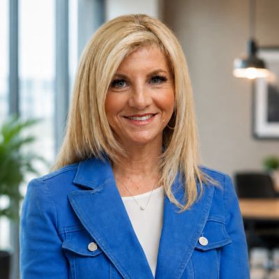 Smiling woman with blonde hair in blue jacket.