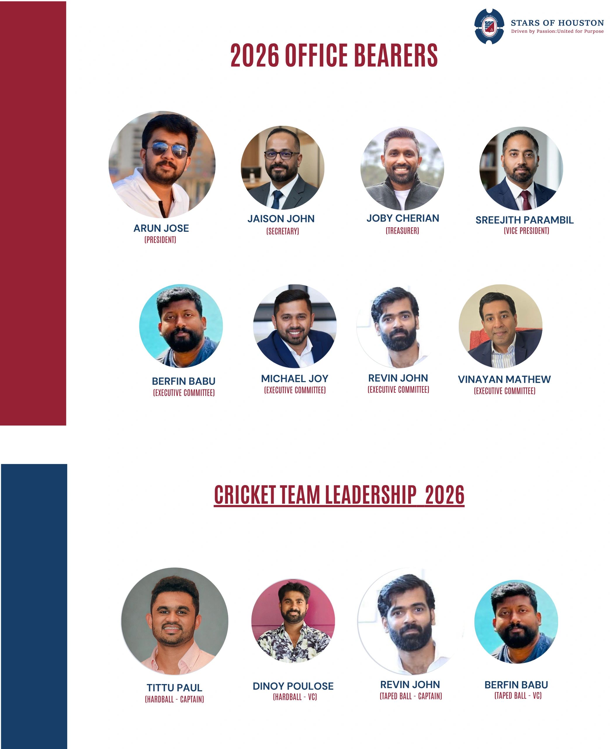 2026 office bearers and cricket team leadership of Stars of Houston with names and roles.
