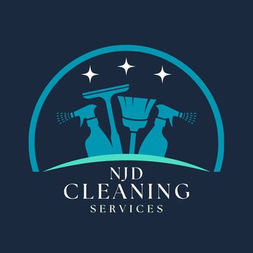 Logo for NJD Cleaning Services featuring cleaning tools and sparkling stars.