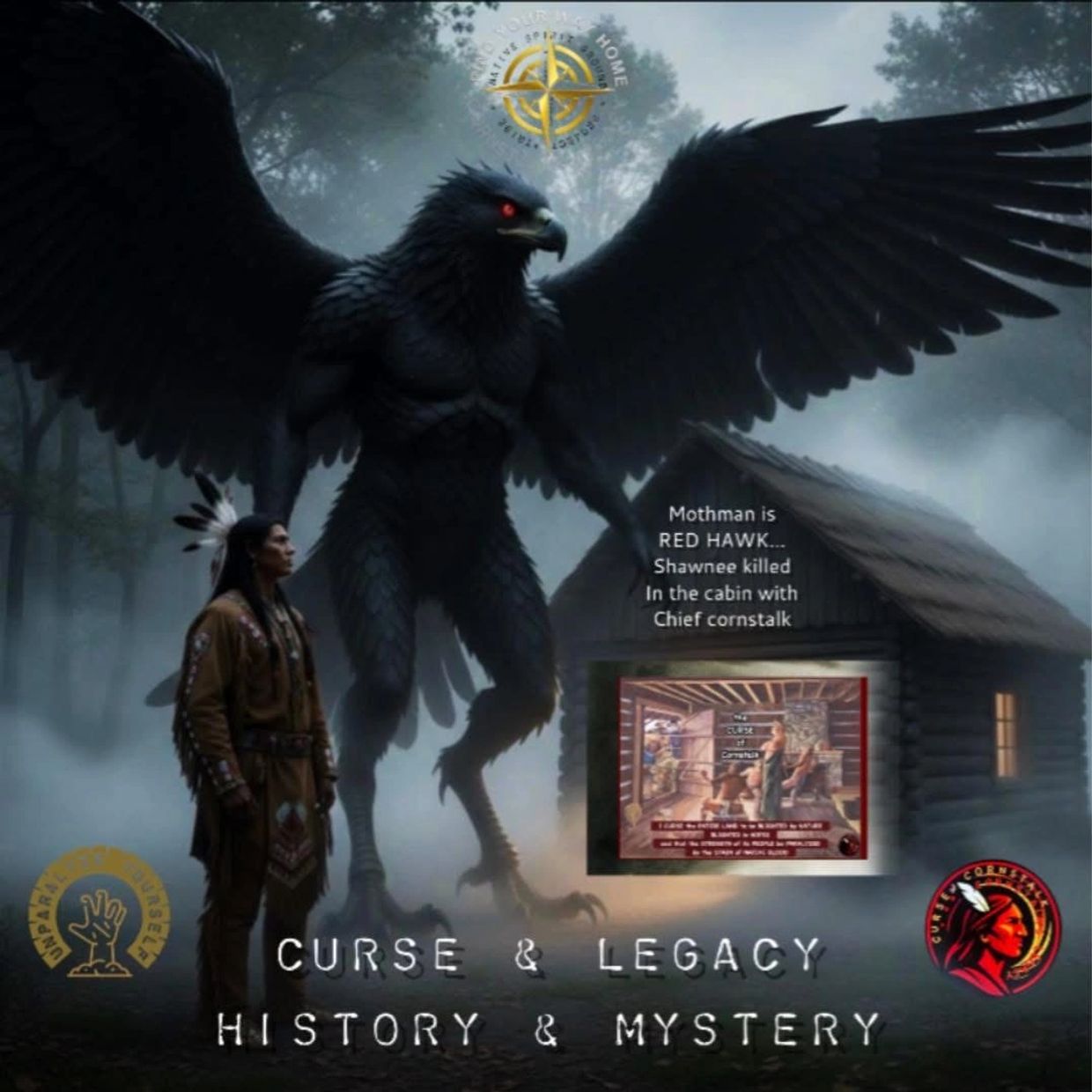 A mysterious red-eyed Mothman with a Native American figure by a cabin in a foggy forest.