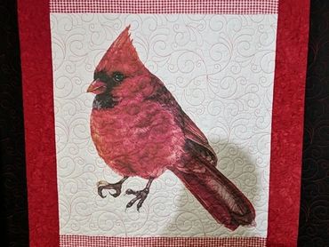 Cardinal Mascot Quilt 64"x76" with watercolor cardinal and black/red/white border material - black b