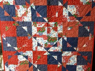 Magic Star Pattern Quilt 44"x44" with Patriotic Fabric Hand Piecing , Red Binding and back material,