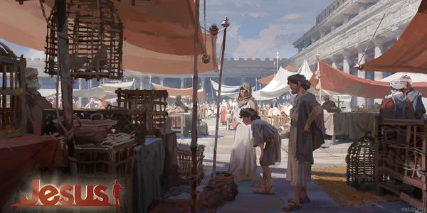 A bustling ancient marketplace scene with people shopping under tents.