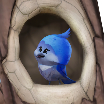 Cute blue bird with big eyes perched inside a hollow tree.