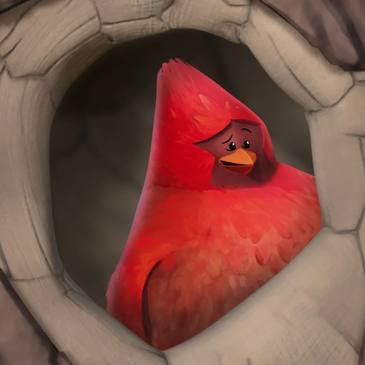 A sad animated red cardinal looks out from a stone birdhouse.