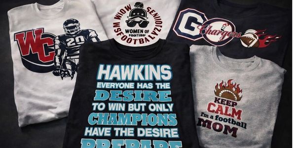 Five football-themed T-shirts with various slogans and graphics.