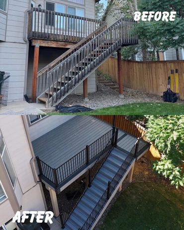 before and after on this deck transformation with composite decking in highlands ranch, co