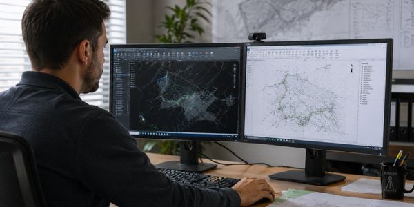 A man analyzing geographic data on dual monitors in an office.