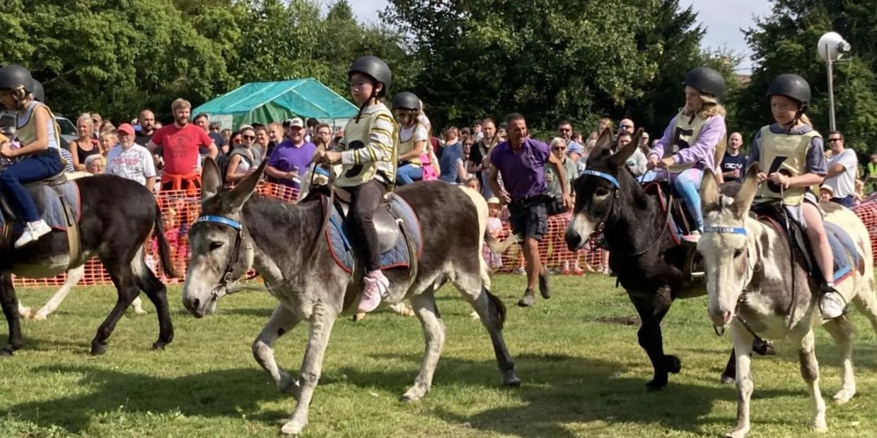 Children riding donkeys at a lively outdoor event with spectators.