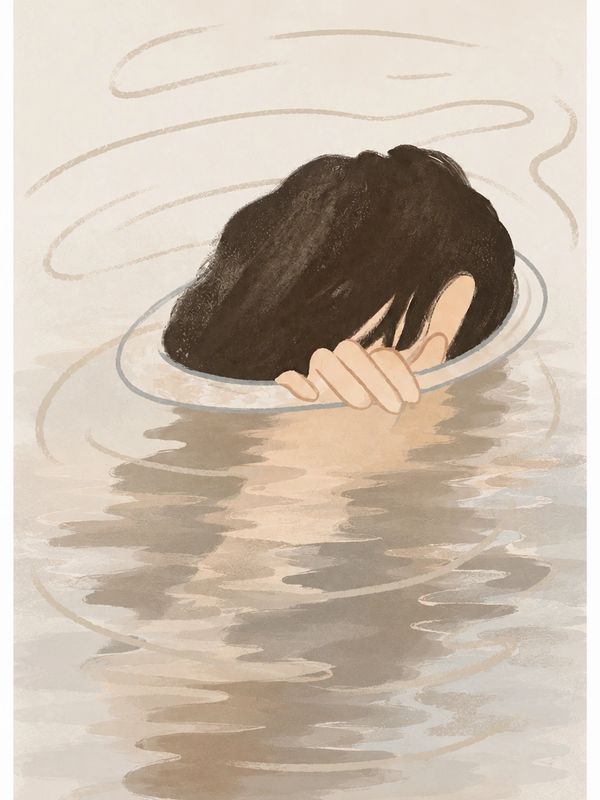 A person partially submerged in water, holding onto a life ring with black hair covering their face.