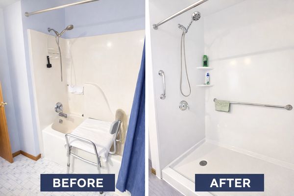 Before and after images of a bathroom remodel replacing a bathtub with a walk-in shower.