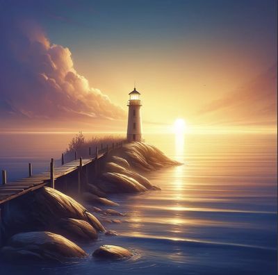 Tranquil lighthouse at sunset symbolizing mental health support, guidance, and hope.