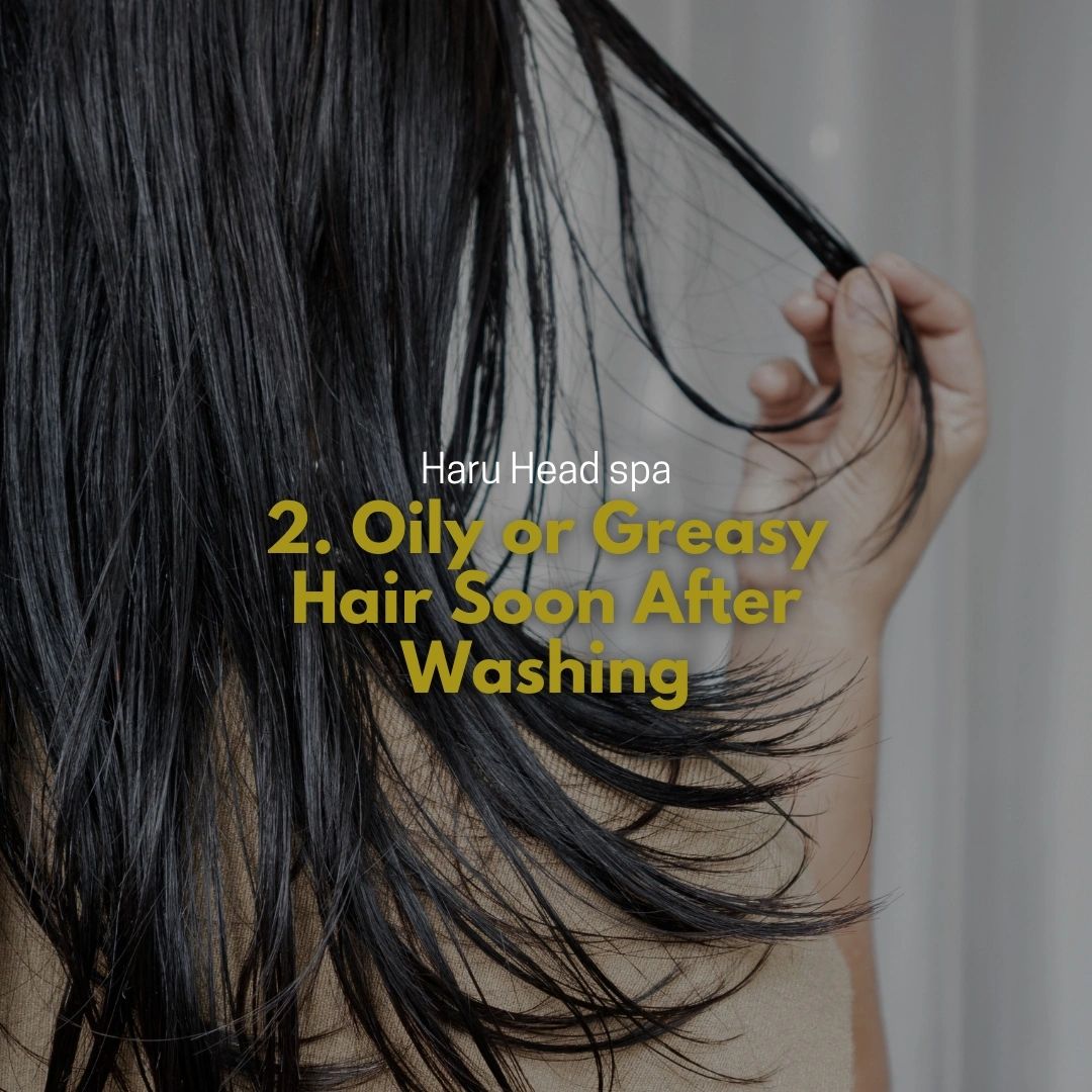 Close-up of long, straight black hair being held by a person, with text overlay discussing oily or greasy hair soon after washing and featuring the Haru Head spa logo.