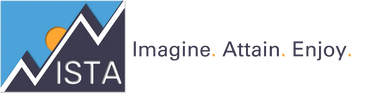 Logo with a mountain and sun, text 'VISTA' and slogan 'Imagine. Aspire. Enjoy.'