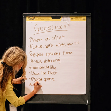 Jessica Lane, a white woman with curly hair, writes on a large white flip chart paper "Guidelines"