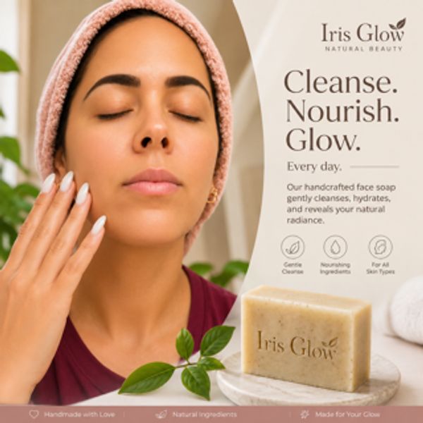 Woman applying skincare with Iris Glow face soap.