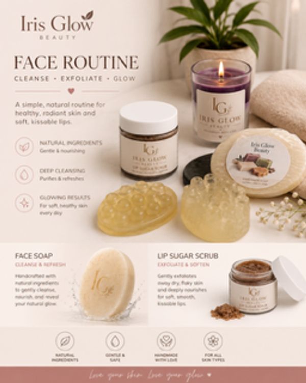 Iris Glow Beauty face routine products with soap, lip sugar scrub, and candle.