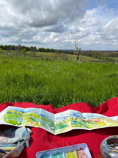A watercolor painting session outdoors on a red blanket in a green field.