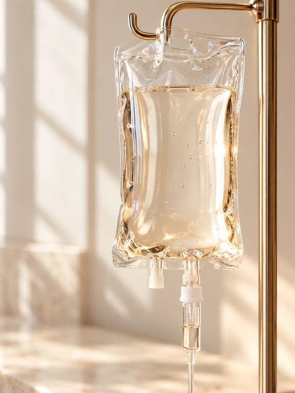 Clear IV fluid bag on a gold stand.