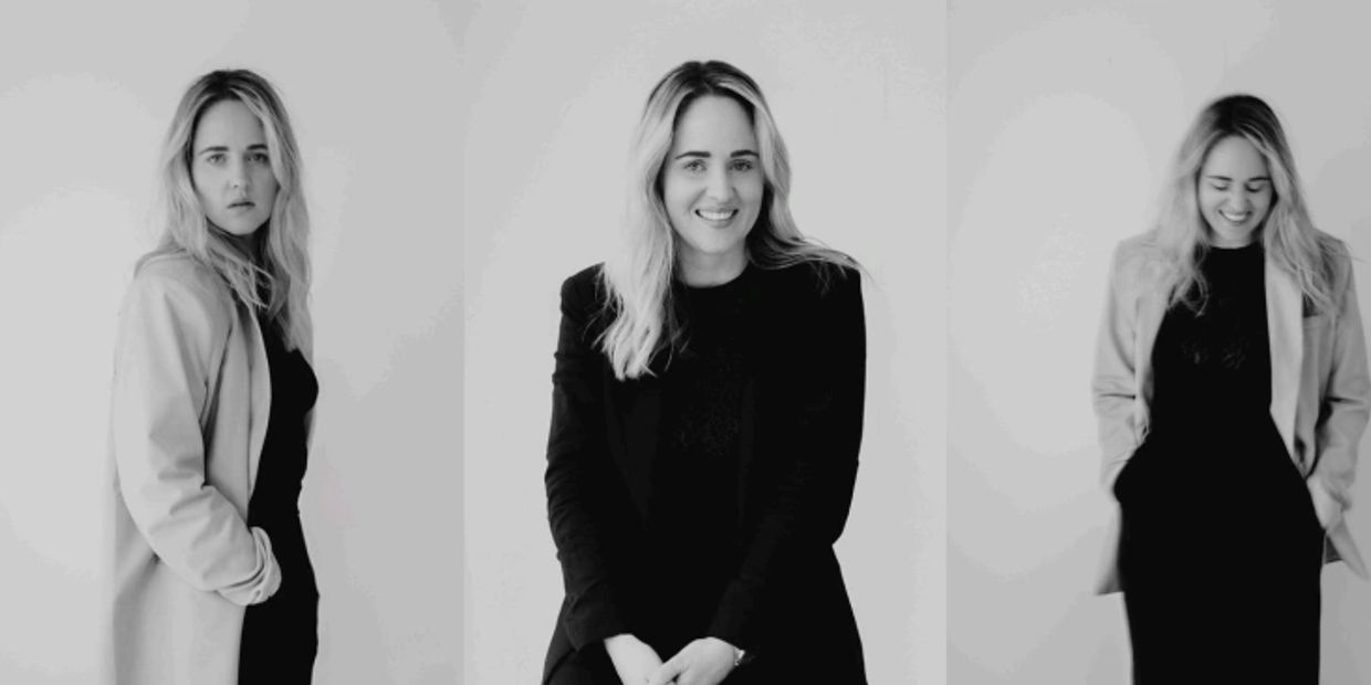 Black and white triptych of a woman showing different emotions in a blazer.