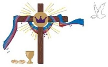 A wooden cross with a crown, chalice, bread, and a dove symbolizing Christian faith.