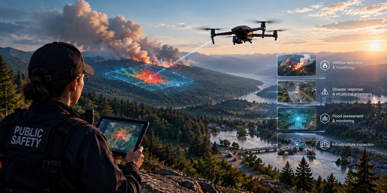 Public safety officer with tablet monitoring wildfire drone data