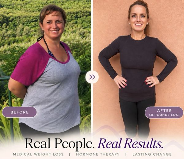 Before and after weight loss transformation of a woman losing 50 pounds.