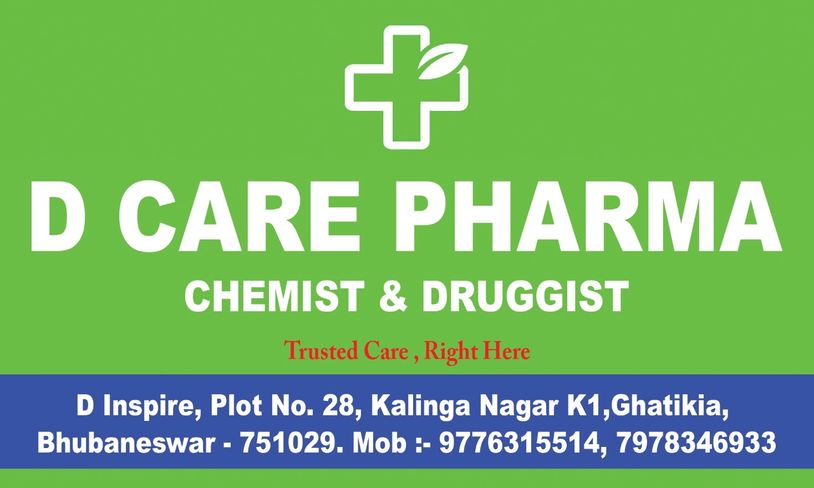 D Care Pharma signage with contact details and address in Bhubaneswar.