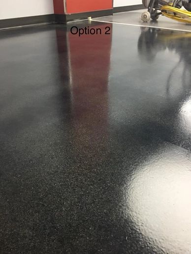 Glossy black floor finish labeled as Option 2 in a room.