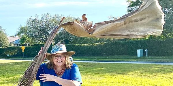 Peggy Roberts holding a huge palm frond from a Royal Palm Tree.