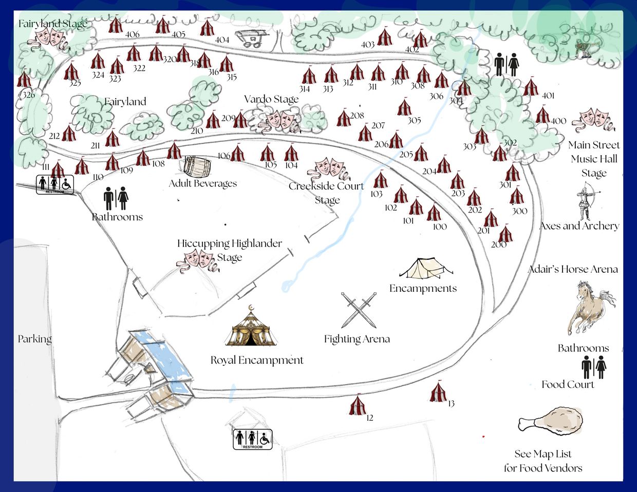 Map of a festival with stages, encampments, and food areas.