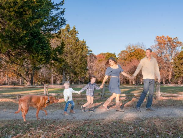 Family of four walking hand in hand with their dog in a park on a sunny day.