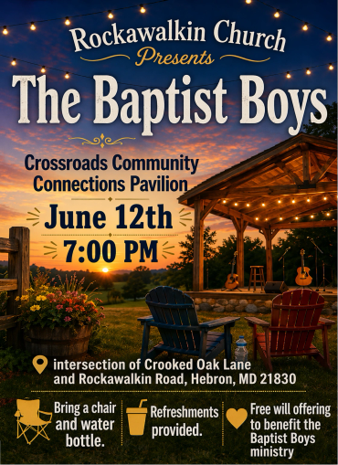 Flyer for The Baptist Boys concert at Rockawalkin Church on June 12th, 7 PM.