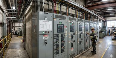 Worker inspecting electrical control panels in an industrial facility.