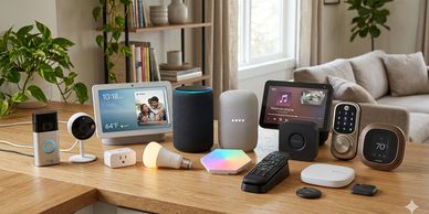 A variety of smart home devices displayed on a wooden table in a cozy living room.