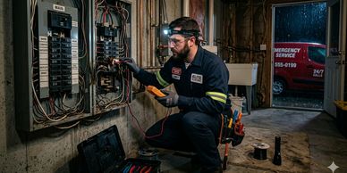 Electrician inspecting a fuse box with tools in a basement.