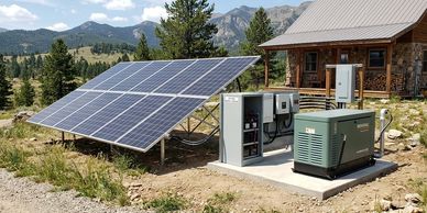 Solar panels and generator setup near a wooden mountain cabin.