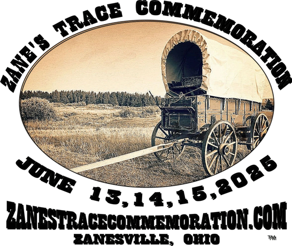 Covered wagon in a field with text about the Zanes Trace Commemoration 2023 in Zanesville, Ohio.