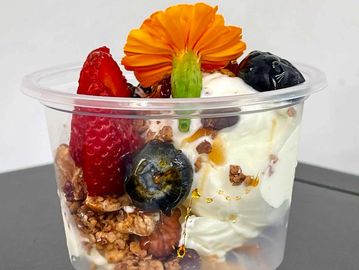 Gluten Free Frozen Yogurt, mixed berries, Scrolle's granola mix, honey drizzle