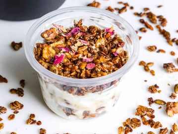 Greek yogurt, granola, topped with honey 