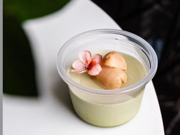 Matcha lovers will enjoy our homemade egg free matcha pudding topped with Lychee