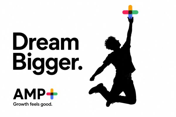 Silhouette jumping with colorful plus sign and motivational text.