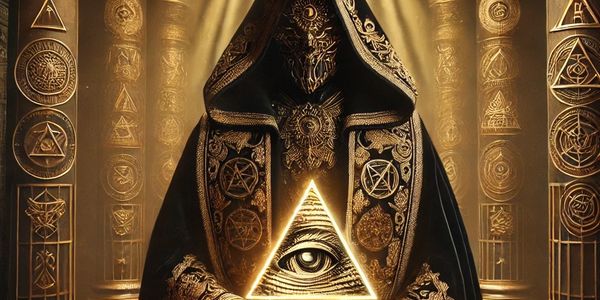 A mysterious robed figure holding a glowing triangular symbol with an eye in a grand hall.