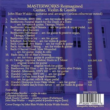 Album cover for MASTERWORKS Reimagined featuring guitar, violin, and guests.